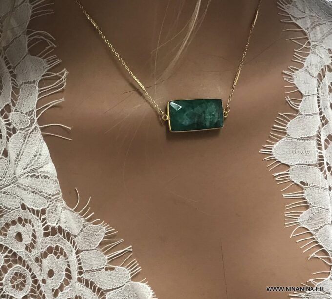 N7075e Collier emeraude femme pendentif rectangle argent plaqué or - Bijoux Colliers en ligne Ninanina