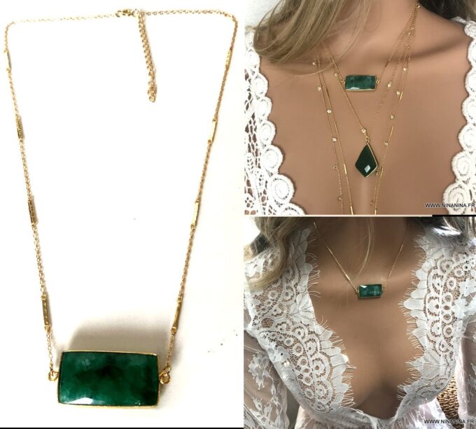 N7075f Collier emeraude femme pendentif rectangle argent plaqué or - Bijoux Colliers en ligne Ninanina