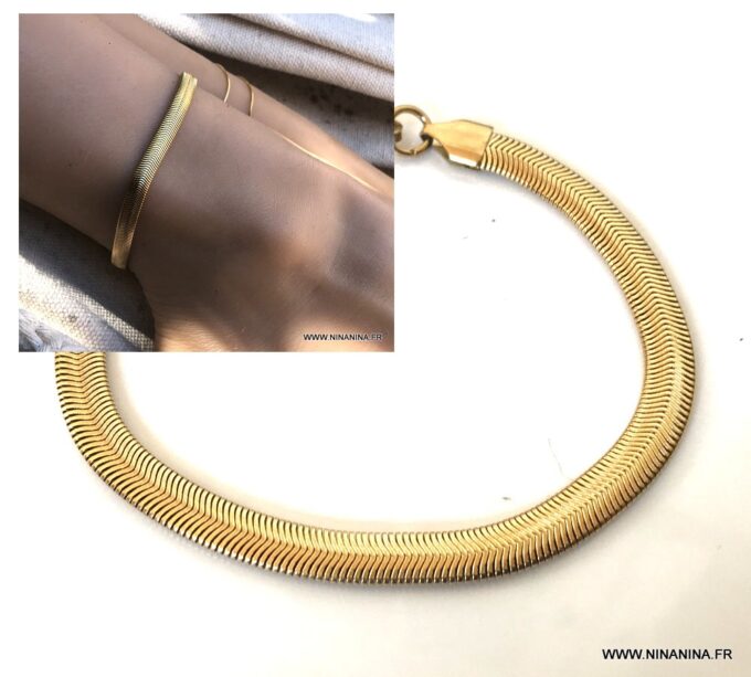 N7077a Bracelet cheville femme plaqué or chaine maille serpent plate - Bijoux de pied en ligne Ninanina