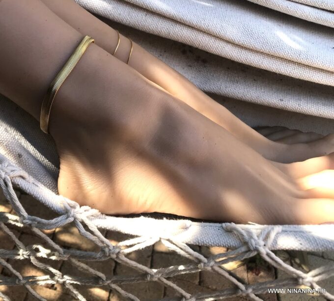 N7077c Bracelet cheville femme plaqué or chaine maille serpent plate - Bijoux de pied en ligne Ninanina