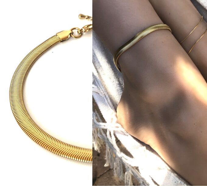 N7077f gBracelet cheville femme plaqué or chaine maille serpent plate - Bijoux de pied en ligne Ninanina