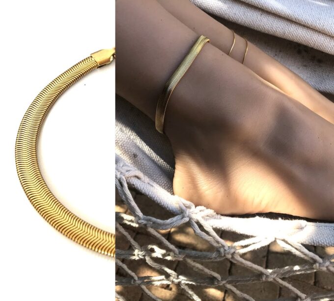 N7077fg gBracelet cheville femme plaqué or chaine maille serpent plate - Bijoux de pied en ligne Ninanina