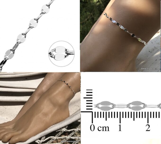 N7079a Chaine de cheville 30 cm maille fantaisie argent femme - Bijoux de pied en ligne Ninanina