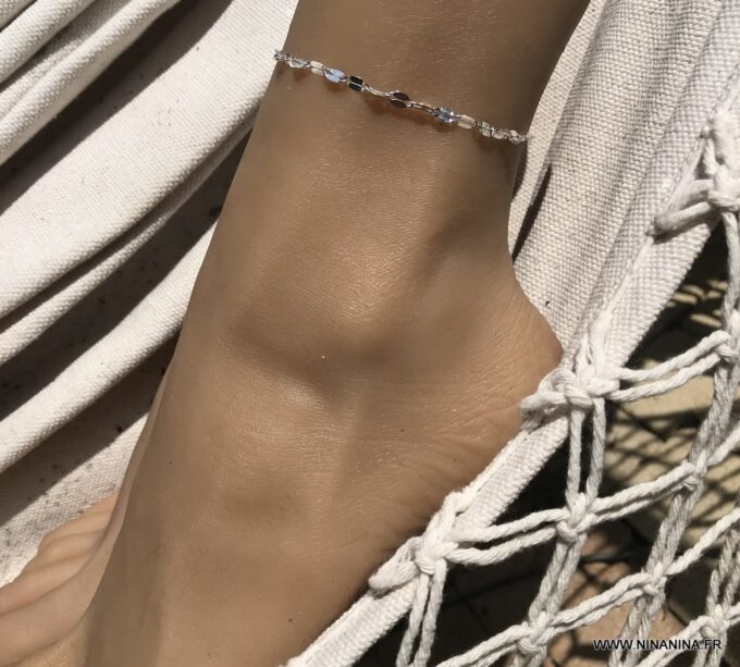 N7079e Chaine de cheville 30 cm maille fantaisie argent femme - Bijoux de pied en ligne Ninanina