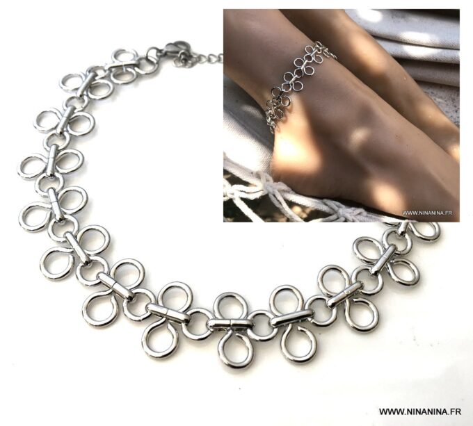 N7087a Manchette de cheville plaqué argent - Bracelet large argenté - Bijoux Bracelets de pied en ligne Ninanina