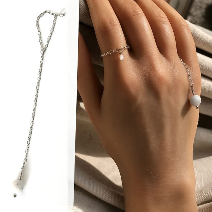 N7090 Bague chainette argent 925 artisanale sur chaine fine et pierre de lune véritable pour femme - Bijoux Bagues en ligne Ninanina