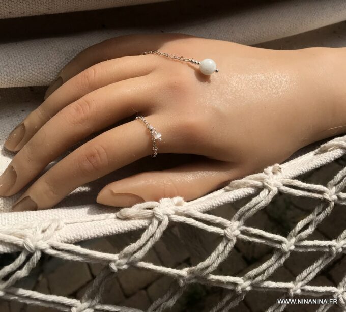 N7090a Bague chainette argent - chaine fine pierre de lune femme - Bijoux Chaines en ligne Ninanina