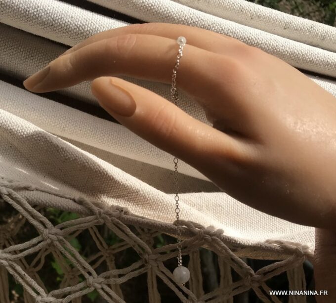 N7090c Bague chainette argent - chaine fine pierre de lune femme - Bijoux Chaines en ligne Ninanina