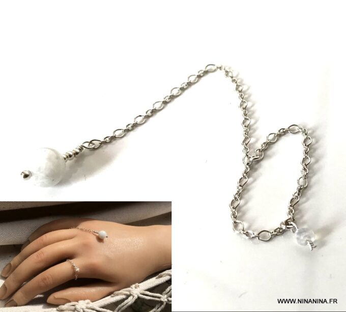 N7090e Bague chainette argent - chaine fine pierre de lune femme - Bijoux Chaines en ligne Ninanina