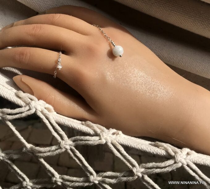 N7090e Bague chainette argent - chaine fine pierre de lune femme - Bijoux Chaines en ligne Ninanina