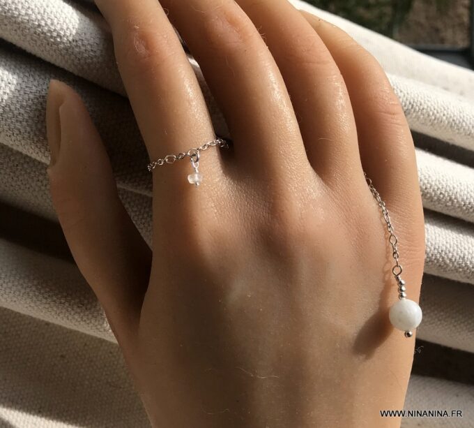 N7090f Bague chainette argent - chaine fine pierre de lune femme - Bijoux Chaines en ligne Ninanina