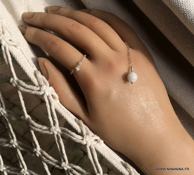 N7090g Bague chainette argent - chaine fine pierre de lune femme - Bijoux Chaines en ligne Ninanina