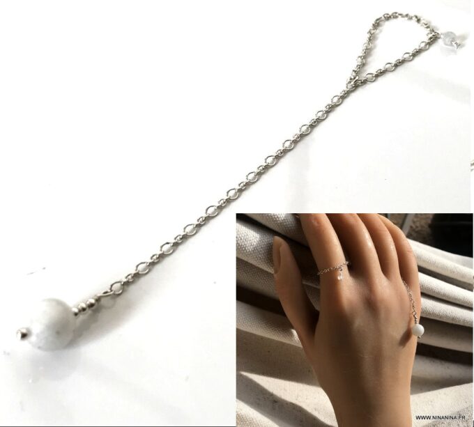 N7090i Bague chainette argent - chaine fine pierre de lune femme - Bijoux Chaines en ligne Ninanina