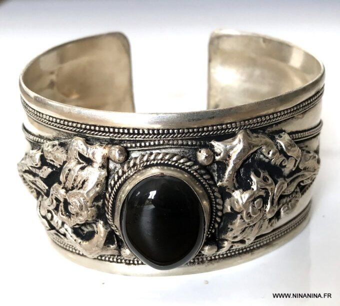 N7092f Bracelet Manchette ethnique homme pierre onyx noire - Bijoux Bracelets en ligne Ninanina
