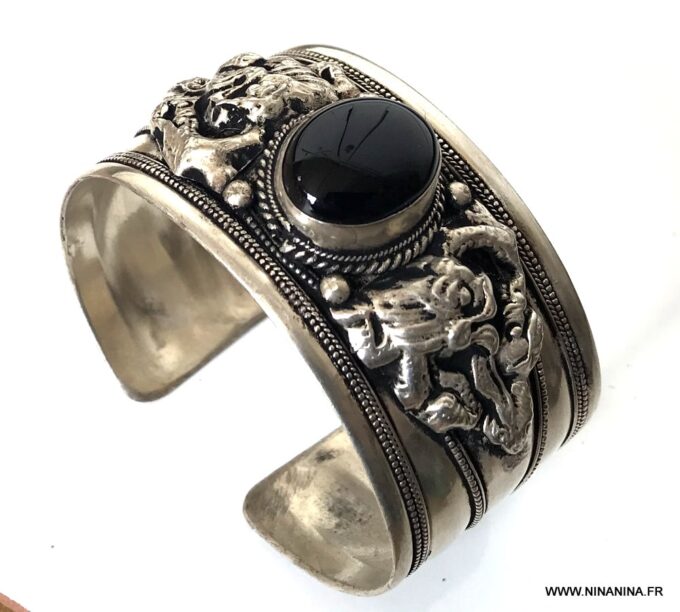 N7092h Bracelet Manchette ethnique homme pierre onyx noire - Bijoux Bracelets en ligne Ninanina