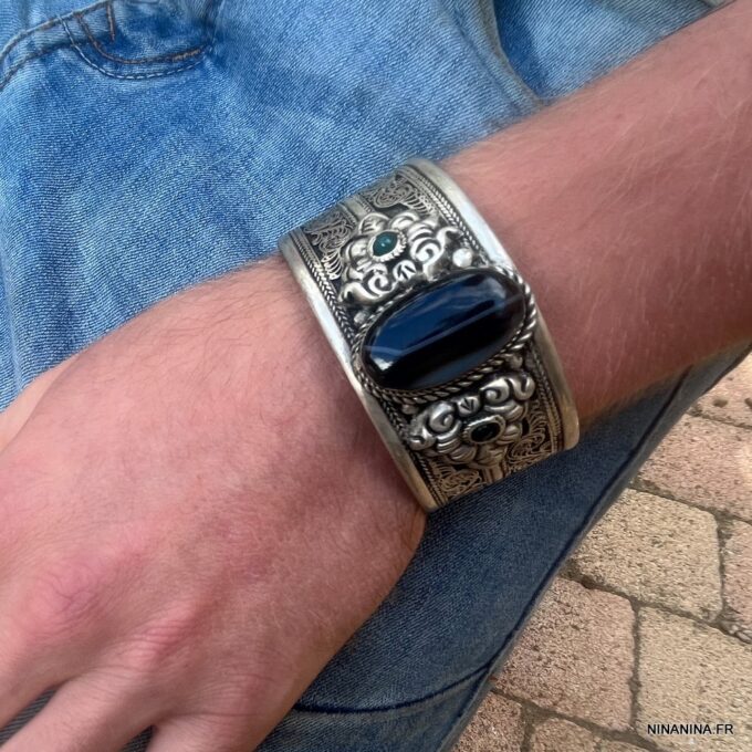 N7092j Bracelet Manchette ethnique homme pierre onyx noire - Bijoux Bracelets en ligne Ninanina