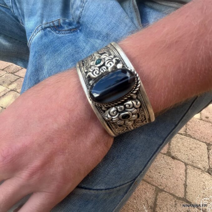 N7092k Bracelet Manchette ethnique homme pierre onyx noire - Bijoux Bracelets en ligne Ninanina