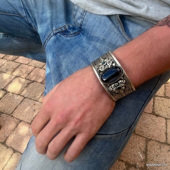 N7092m Bracelet Manchette ethnique homme pierre onyx noire - Bijoux Bracelets en ligne Ninanina