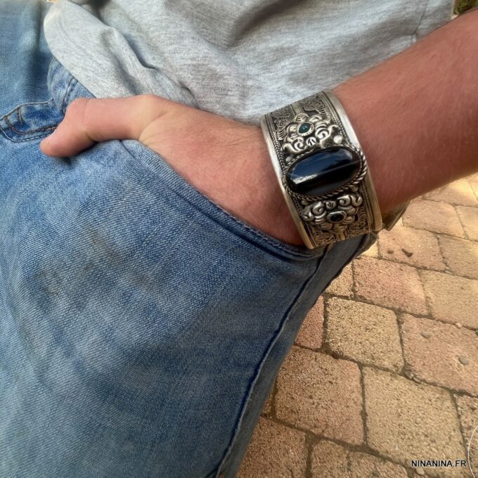 N7092n Bracelet Manchette ethnique homme pierre onyx noire - Bijoux Bracelets en ligne Ninanina