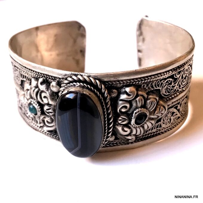 N7092o Bracelet Manchette ethnique homme pierre onyx noire - Bijoux Bracelets en ligne Ninanina
