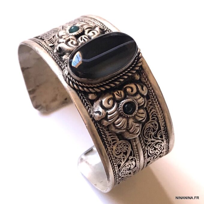 N7092p Bracelet Manchette ethnique homme pierre onyx noire - Bijoux Bracelets en ligne Ninanina