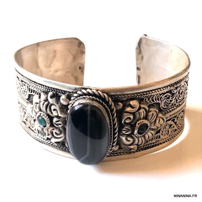 N7092q Bracelet Manchette ethnique homme pierre onyx noire - Bijoux Bracelets en ligne Ninanina