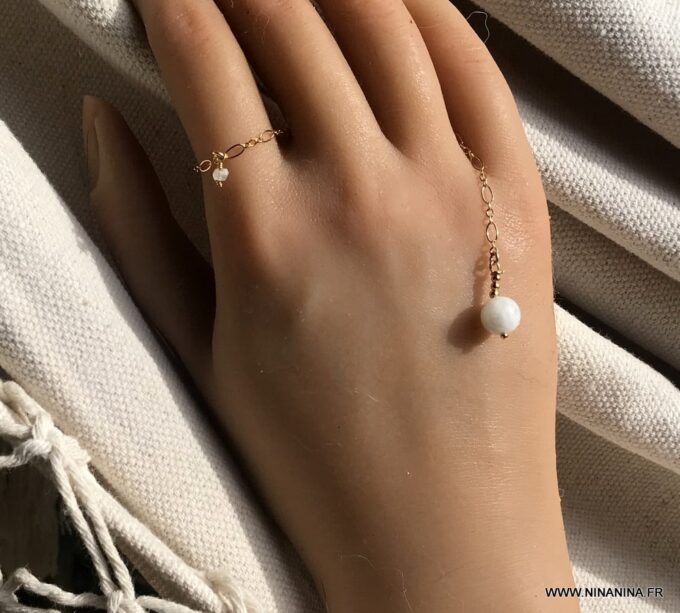 N7095 Bague chaine pierre de lune femme chainette plaqué or - Bijoux Bagues en ligne Ninanina