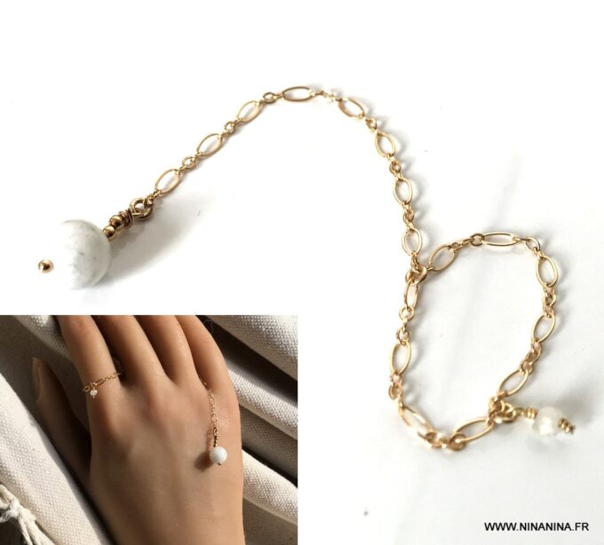 N7095a Bague chaine pierre de lune femme chainette plaqué or - Bijoux Bagues en ligne Ninanina