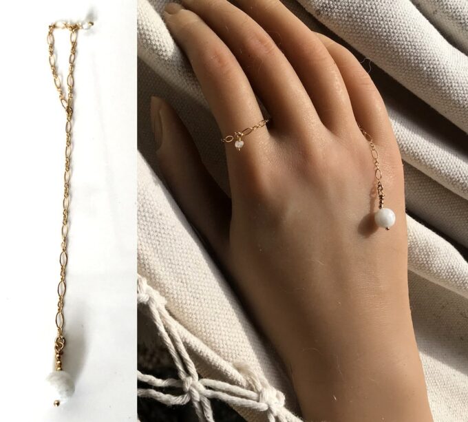 N7095c Bague chaine pierre de lune femme chainette plaqué or - Bijoux Bagues en ligne Ninanina