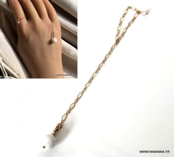 N7095g Bague chaine pierre de lune femme chainette plaqué or - Bijoux Bagues en ligne Ninanina