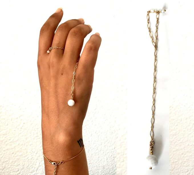 N7095k Bague chaine pierre de lune femme chainette plaqué or - Bijoux Bagues en ligne Ninanina