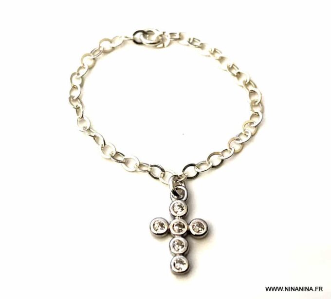 N7082 Bague chainette croix argent - chaine fine zirconium femme - Bijoux Bagues en ligne Ninanina