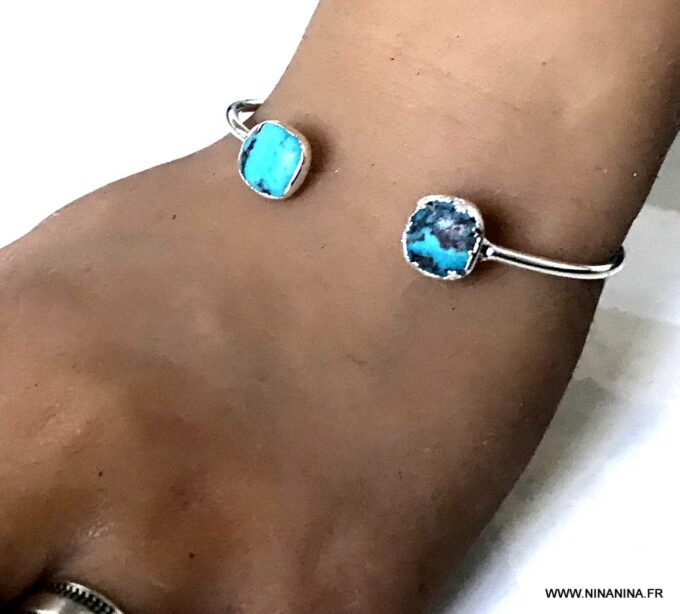 N7100a Bracelet jonc turquoise véritable femme argent plaqué - Bijoux Bracelets en ligne Ninanina