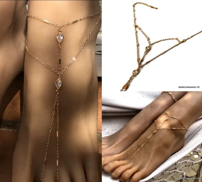 N7103a Chaine au pied femme - Bijou plaqué or zirconium blanc - Bijoux de pied en ligne Ninanina