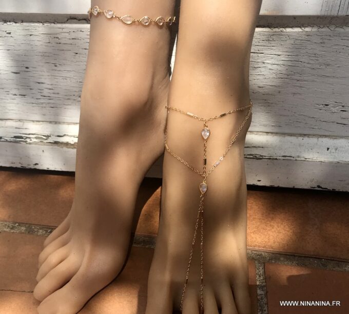 N7103d Chaine au pied femme - Bijou plaqué or zirconium blanc - Bijoux de pied en ligne Ninanina