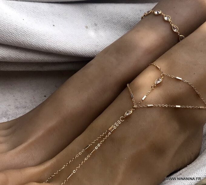 N7103k Chaine au pied femme - Bijou plaqué or zirconium blanc - Bijoux de pied en ligne Ninanina