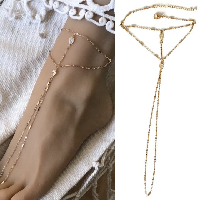 N7103O Chaine au pied femme - Bijou plaqué or zirconium blanc - Bijoux de pied en ligne Ninanina