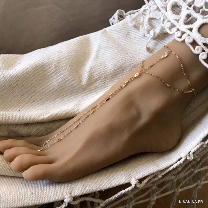 N7103P Chaine au pied femme - Bijou plaqué or zirconium blanc - Bijoux de pied en ligne Ninanina