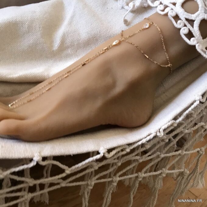 N7103R Chaine au pied femme - Bijou plaqué or zirconium blanc - Bijoux de pied en ligne Ninanina