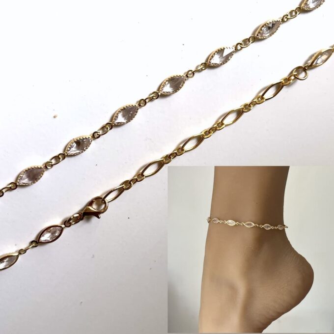 N7104c Chaine de cheville luxe - Bracelet de pied plaqué or zirconium fait main en france - Bijoux de pieds artisanaux en ligne Ninanina