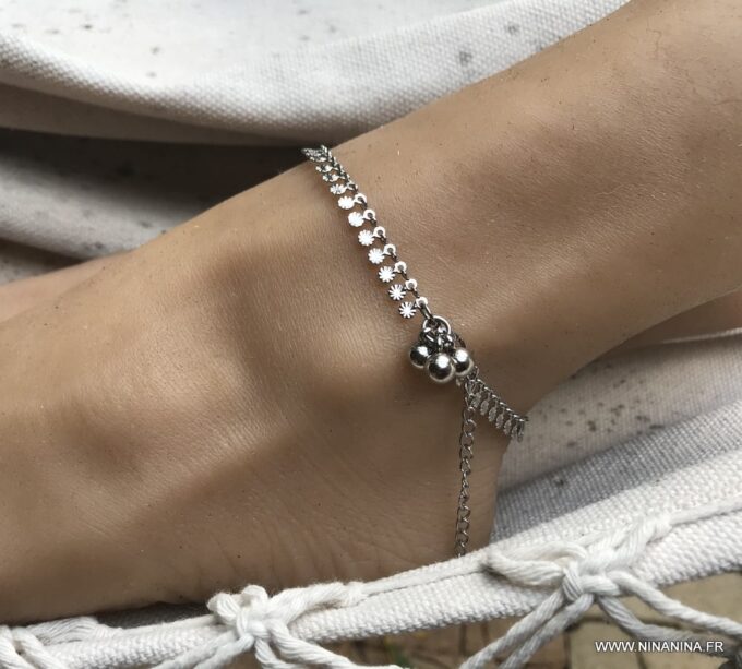 N7108b Bracelet de cheville indien en argent chaine acier inoxydable - Bijoux de pied en ligne Ninanina