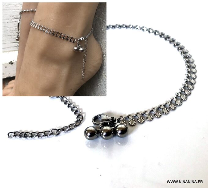 N7108e Bracelet de cheville indien en argent chaine acier inoxydable - Bijoux de pied en ligne Ninanina
