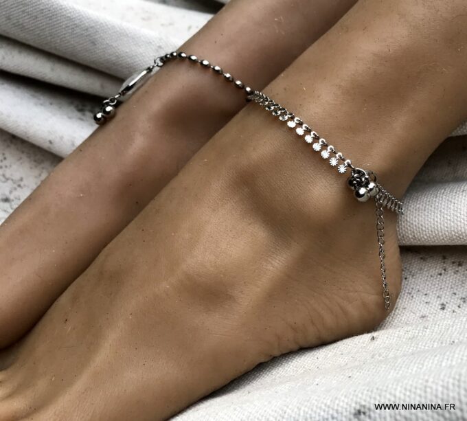 N7108f Bracelet de cheville indien en argent chaine acier inoxydable - Bijoux de pied en ligne Ninanina