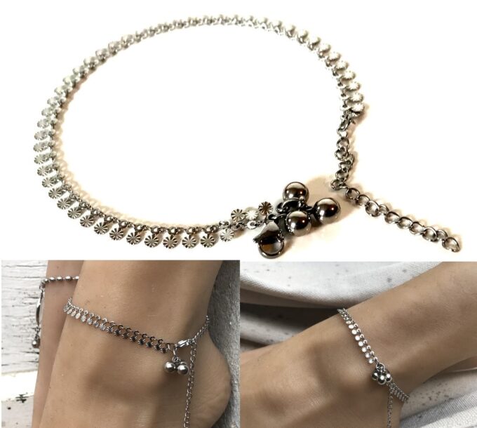 N7108g Bracelet de cheville indien en argent chaine acier inoxydable - Bijoux de pied en ligne Ninanina