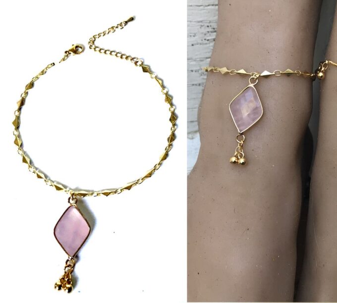 N7109 Bracelet cheville doré femme - chaine de pied quartz rose - Bijoux de pied en ligne Ninanina