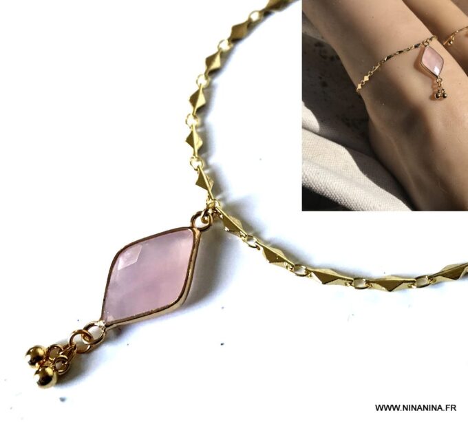N7109b Bracelet cheville doré femme - chaine de pied quartz rose - Bijoux de pied en ligne Ninanina