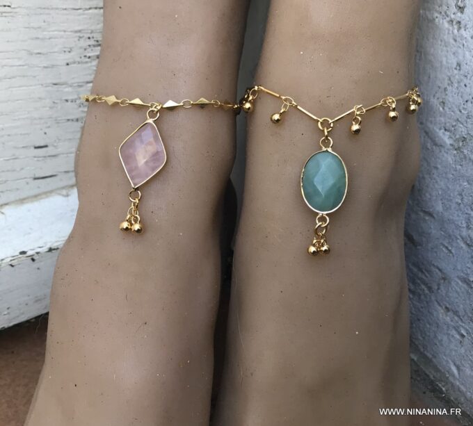 N7109c Bracelet cheville doré femme - chaine de pied quartz rose - Bijoux de pied en ligne Ninanina