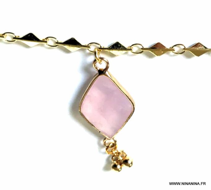 N7109d Bracelet cheville doré femme - chaine de pied quartz rose - Bijoux de pied en ligne Ninanina