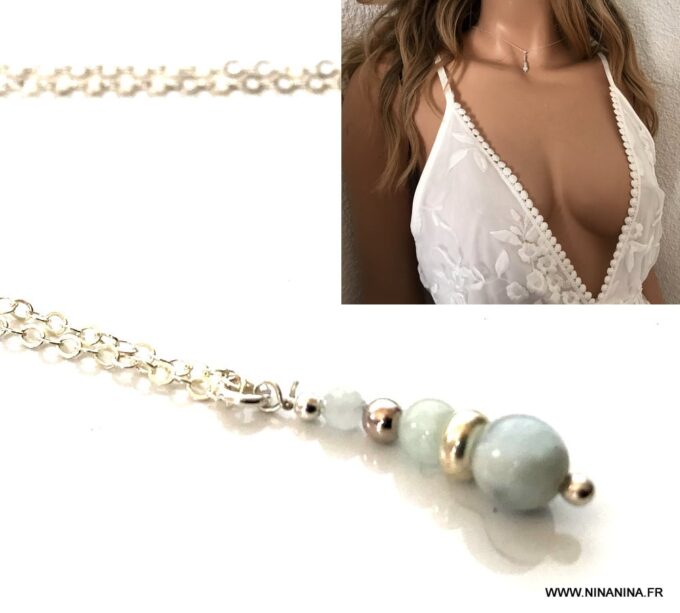 N7112a Collier de dos mariage bohème - Chaine argent et aigue marine - Bijoux Colliers en ligne Ninanina
