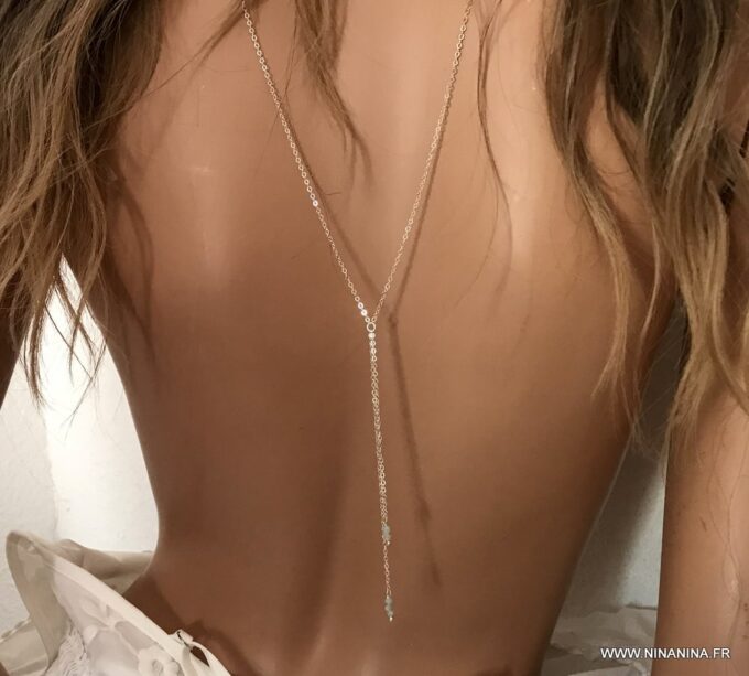 N7112c Collier de dos mariage bohème - Chaine argent et aigue marine - Bijoux Colliers en ligne Ninanina